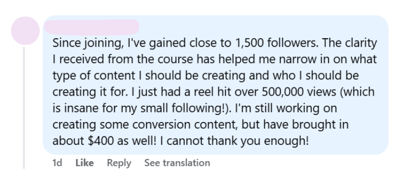 Student testimonial screenshot